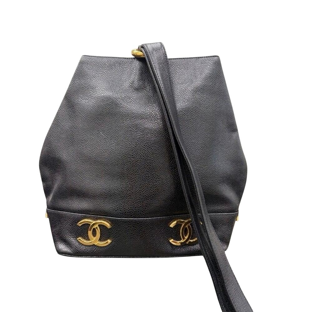 Authentic Vintage CC Chanel Black Caviar Bucket Shoulder Bag gold hardware